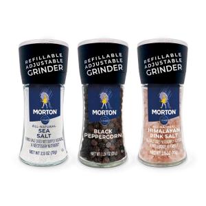 Morton Grinder Set – Sea Salt (2.5 oz) & Black Peppercorn (1.25 oz), 2-Pack, Adjustable & Refillable, Perfect for Cooking, Seasoning, and Finishing(6.2 Ounce (Pack of 1))