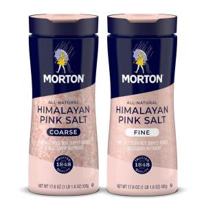 Morton Shaker Set – Fine Sea Salt (17.6 oz) & Fine Himalayan Pink Salt (17.6 oz), 2-Pack, All-Natural, Perfect for Baking, Blending & Cooking(Himalayan Pink Salt Fine and Coarse)