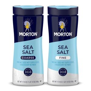 Morton Shaker Set – Fine Sea Salt (17.6 oz) & Fine Himalayan Pink Salt (17.6 oz), 2-Pack, All-Natural, Perfect for Baking, Blending & Cooking(“Sea Salt Fine and Coarse”)